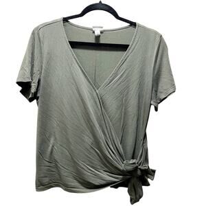 A New Day Olive Green Soft Short Sleeve V-Neck Faux Wrap Tie T-Shirt Size Small